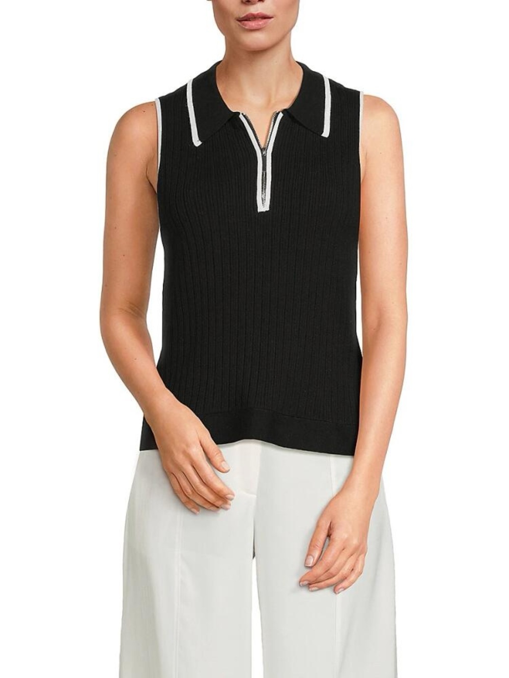 SAKS FIFTH AVE | Sleeveless Black Zip Polo Knit Top